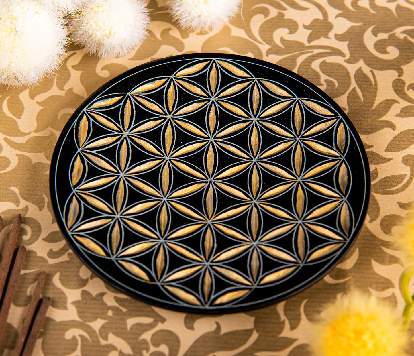 Stäbchenhalter, Blume des Lebens, schwarz - gold