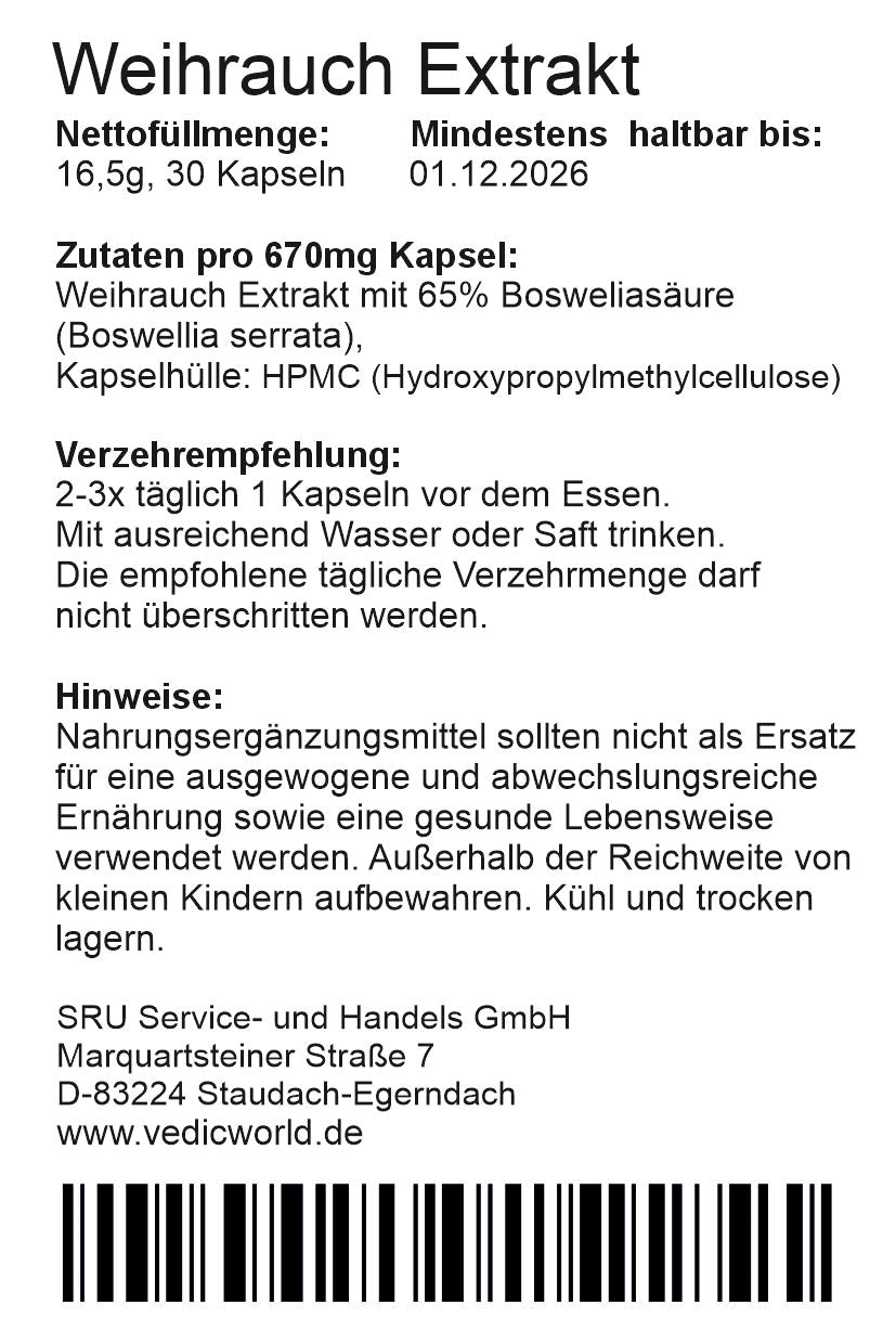 Weihrauch Extrakt 65% Boswelliasäure Kapseln