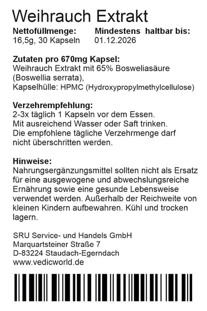 Weihrauch Extrakt 65% Boswelliasäure Kapseln